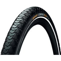 Black Continental Contact Plus 700c tyre with reflective sidewall and textured tread pattern.