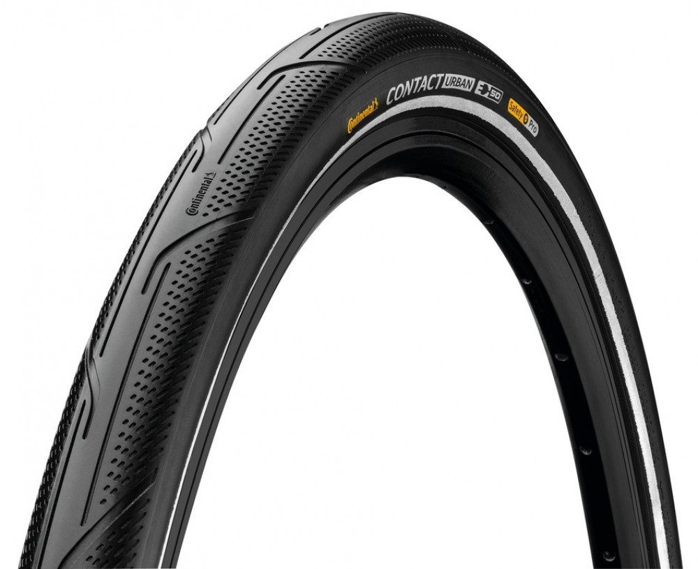 Continental Contact Urban Tire in black with reflex sidewall, 700 x 35 size, featuring PureGrip and SafetyPro technologies, designed for urban cycling.