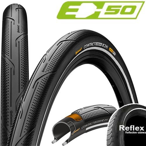 Continental Contact Urban Reflex Tyre in black, featuring a textured tread pattern, reflective sidewalls, and a 700 x 42 size, designed for urban cycling.