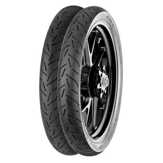 Black motorcycle tire with a tread pattern designed for enhanced grip, featuring a silver rim and a size designation of 100/80-18 TL 53P for rear wheel use.