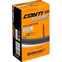 Orange and black box of Continental Cross 700c Presta inner tube with bold branding and product details.
