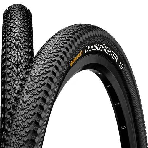 Continental Double Fighter III Reflex Tyre in black, featuring a textured tread pattern for traction, marked with "DOUBLEFIGHTER 1.9" and designed for 29-inch wheels.