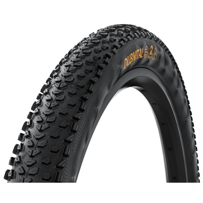 Continental Dubnital tyre in black with a textured tread pattern, featuring orange branding, designed for 27.5-inch trail bikes, measuring 2.2 inches in width.