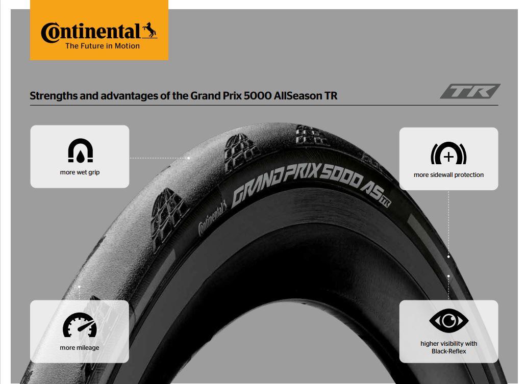 Black Continental Grand Prix 5000 All Season TR tyre, size 700 x 35, featuring a tread design for enhanced wet grip, sidewall protection, and reflective elements for visibility.