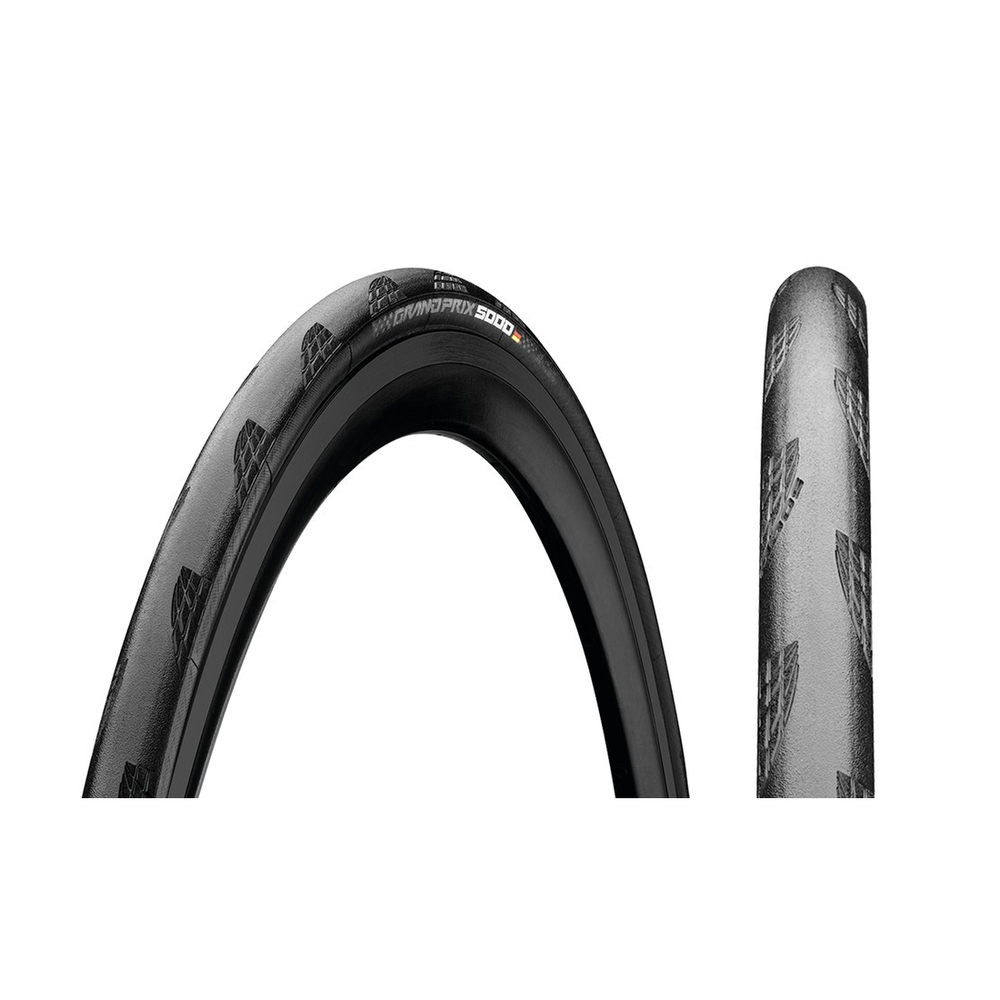 Continental Grand Prix 5000 tire in black, size 700x25, featuring a sleek design with a textured surface and branding along the sidewall for enhanced grip and performance.