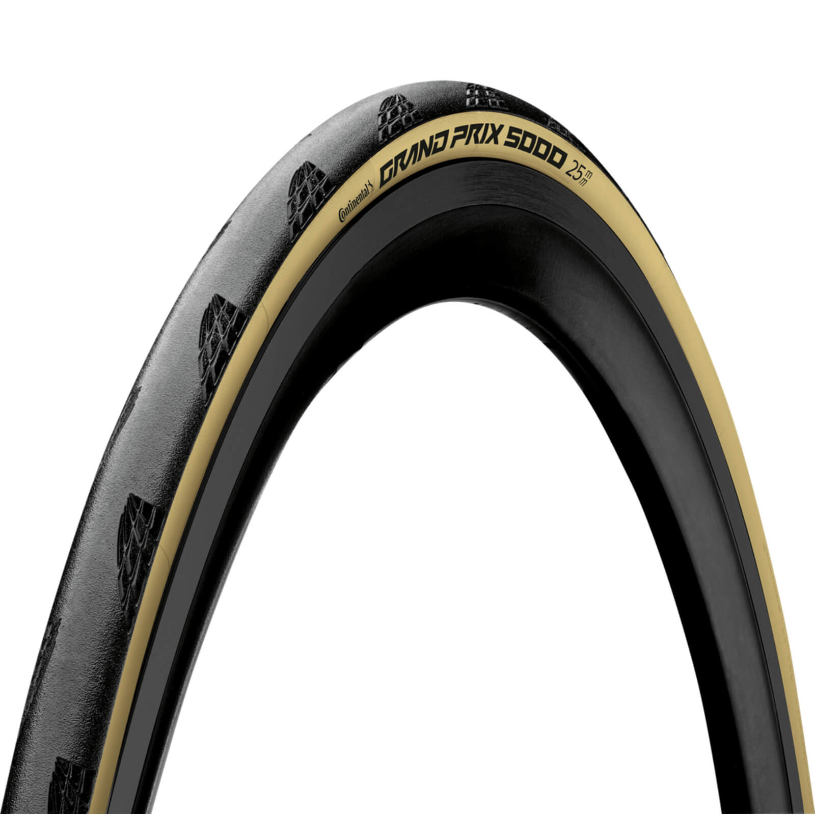 Continental Grand Prix 5000 tyre in 700 x 25 size, featuring a black tread with a cream sidewall, showcasing a sleek design and textured surface for enhanced grip.