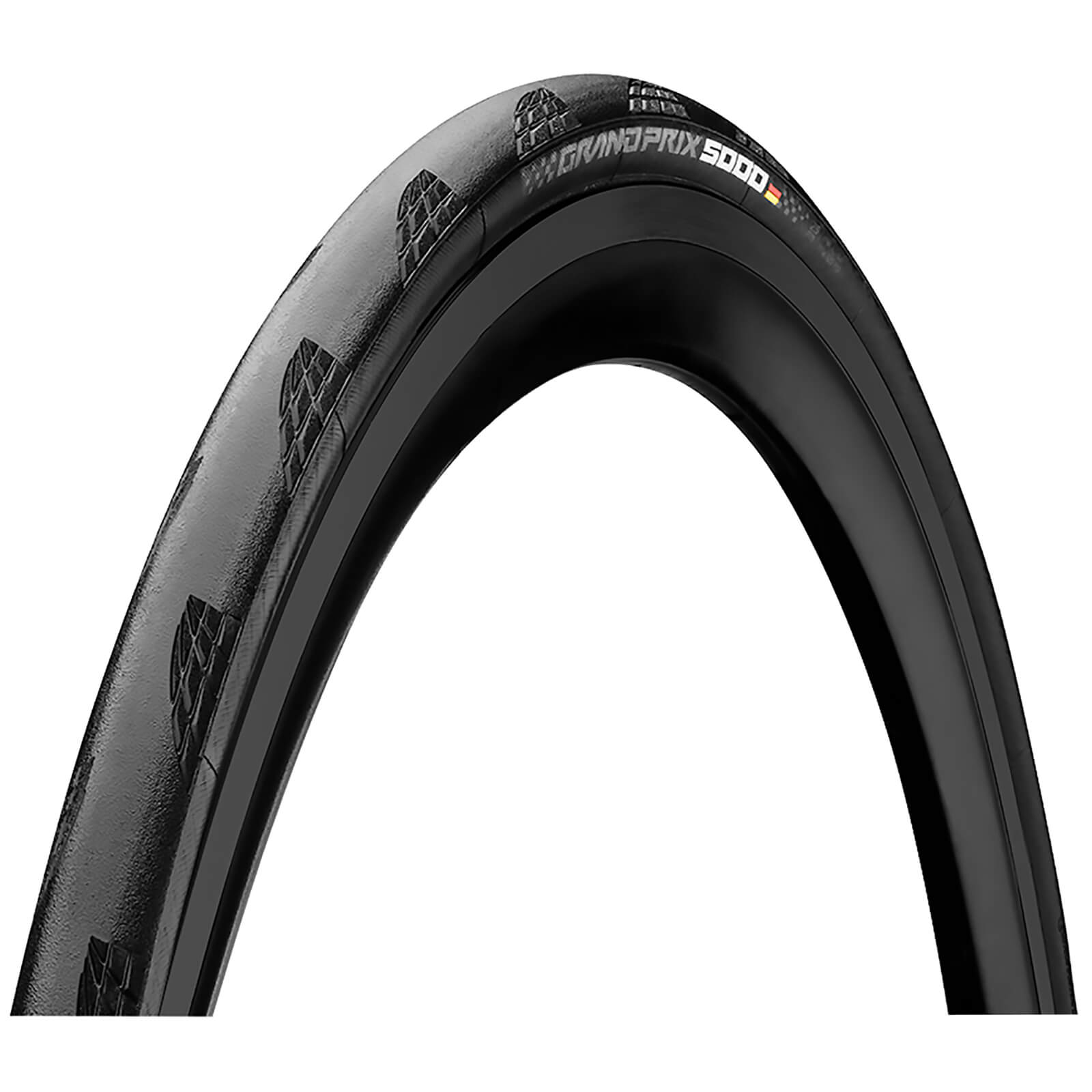 Black Continental Grand Prix 5000 700C folding clincher road tyre featuring a sleek design with textured tread and sidewall markings for enhanced performance.