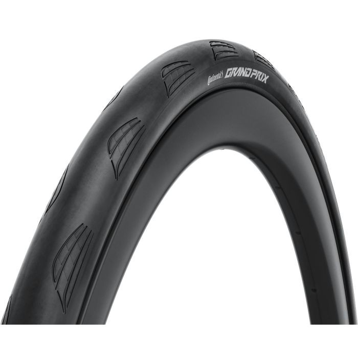 Black Continental Grand Prix tyre featuring a smooth tread design and embossed branding, designed for high-performance cycling.