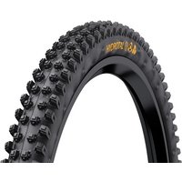 Continental MTB tyre, black with knobby tread, yellow logo, foldable 27.5" x 2.4" for downhill biking.