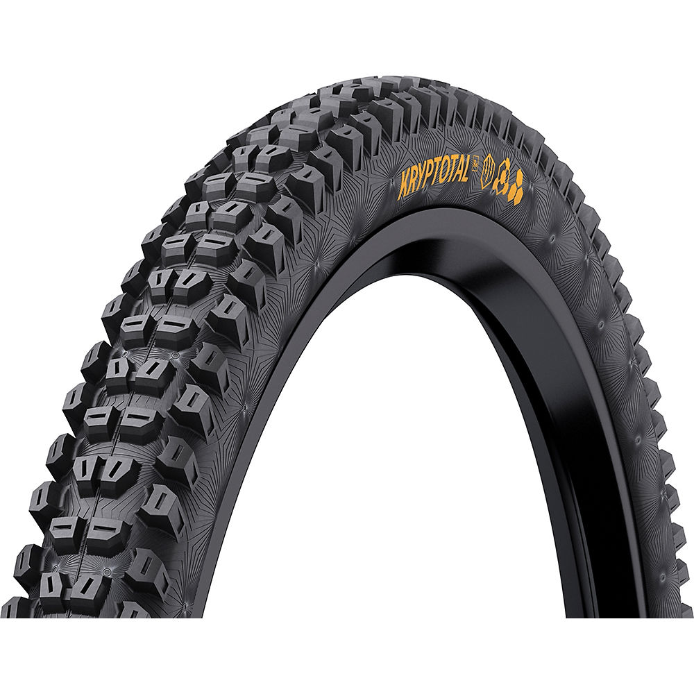 Continental Kryptotal rear tyre featuring a 29-inch size, 2.6-inch width, folding bead, and a black rubber surface with a distinctive tread pattern and yellow branding.