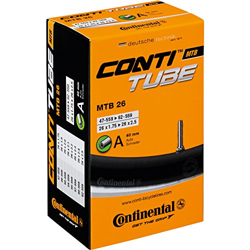 Black box packaging for Continental MTB 26 mountain bike inner tube, featuring a 40 mm valve, product details, and a logo prominently displayed on the front.