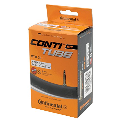 Black Continental Cycle inner tube packaging, featuring an orange box with the "CONTITUBE" logo, specifications for MTB 29, and a clear view of the tube inside.