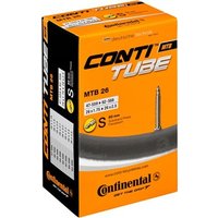 Orange and black Continental MTB 26 inch inner tube box with Presta valve image and product specifications.