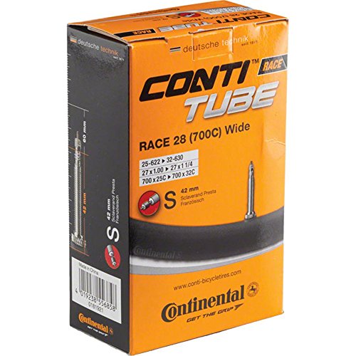 Continental Race Inner Tubes in black, size 700X25-32C, featuring a 42mm Presta valve, packaged in a branded box with technical details.
