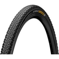 Black Continental Terra Speed 700c folding hybrid tyre with knobby tread and yellow branding.