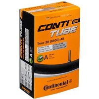 "Orange and black Continental Tour 26 inner tube box with bold text and image of a valve stem on the front"