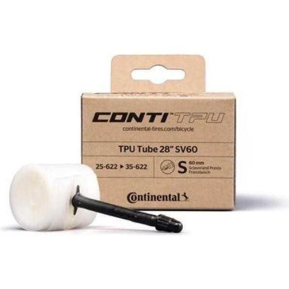 Continental TPU Presta inner tube in a white, flexible material, marked 700c x 25-35c, with a black Presta valve, packaged in a simple cardboard box.