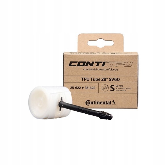 Continental TPU Presta inner tube in white, designed for 700c tires, compatible with 25-35c widths, featuring a 60mm Presta valve, packaged in a cardboard box.