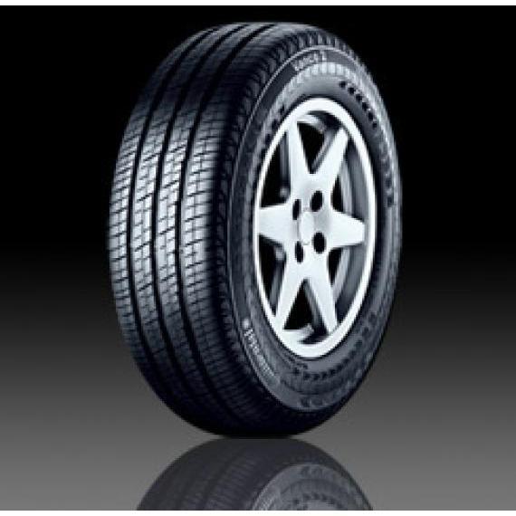 Black tire with a tread pattern designed for campers, featuring a silver five-spoke alloy wheel, labeled "Continental VancoCamper 215/70 R15CP 109R 8PR."