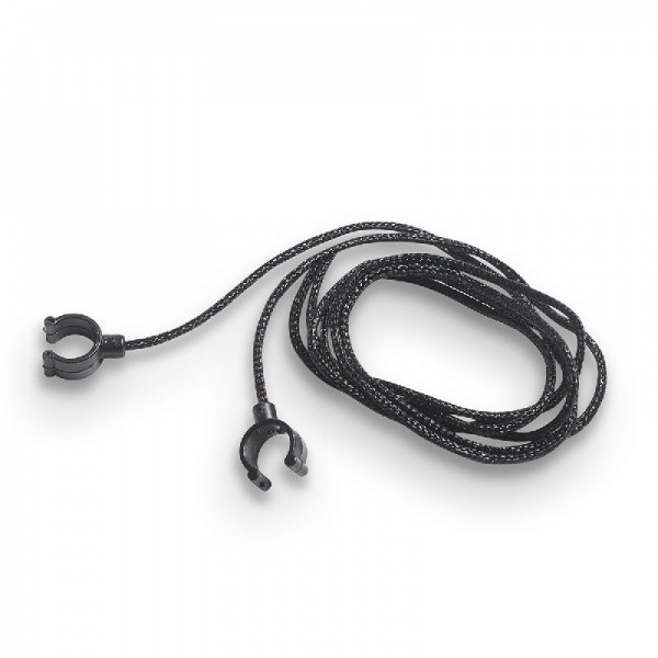 Black braided cord with two adjustable clips at each end, designed for securing hearing protection devices, showcasing a durable and flexible material.
