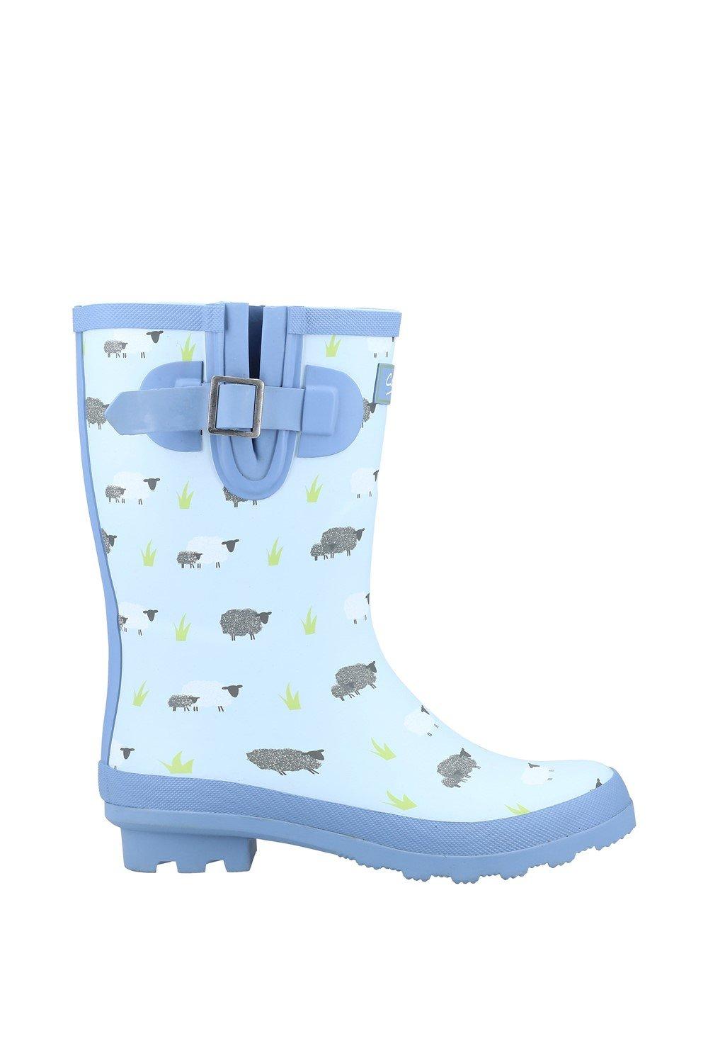Light blue rubber women's Wellington boots featuring a sheep print, with a buckle detail on the side and a textured sole for grip.