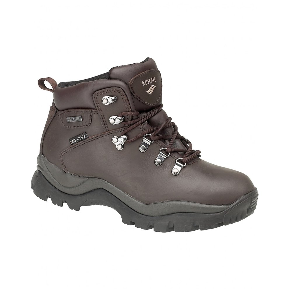 Brown leather waterproof hiker boot for children, featuring metal eyelets, laces, and a rugged black rubber sole, designed for outdoor activities, size UK 4 Infant.