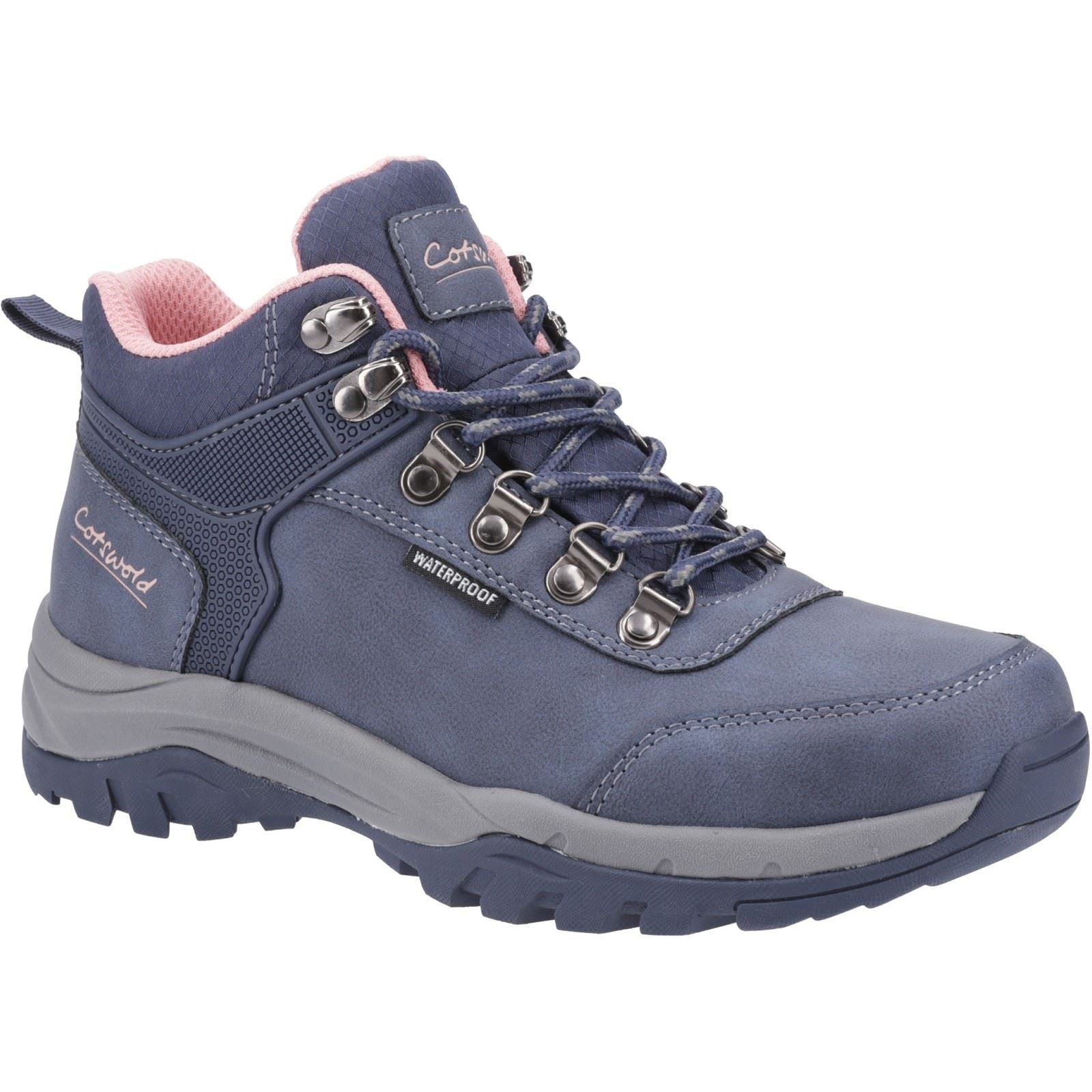 Navy polyurethane hiking boots with pink lining, featuring metal eyelets, a sturdy sole, and a waterproof design, ideal for outdoor activities.