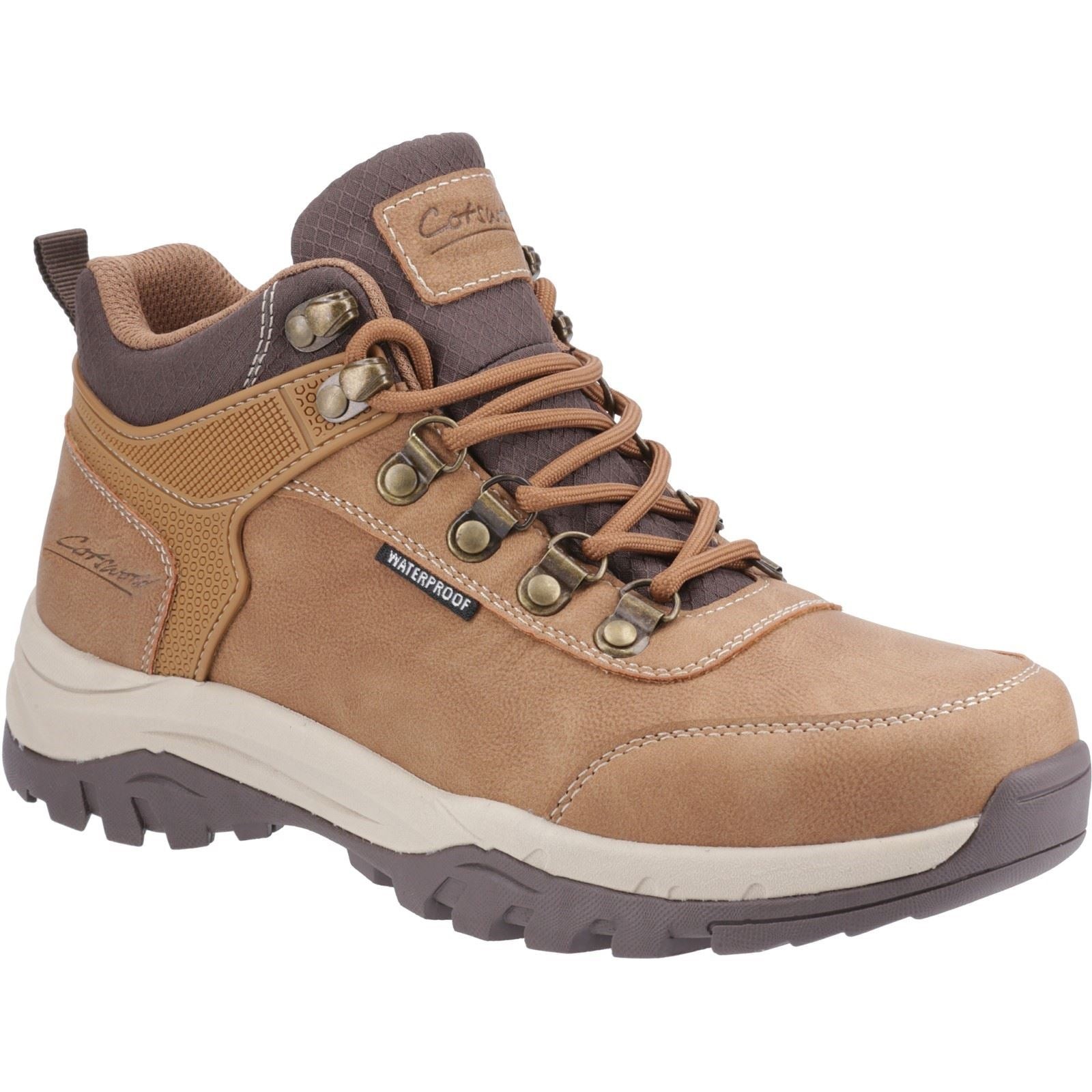 Tan polyurethane hiking boots with brown accents, featuring metal eyelets, a cushioned collar, and a rugged sole, designed for waterproof performance and outdoor activities.