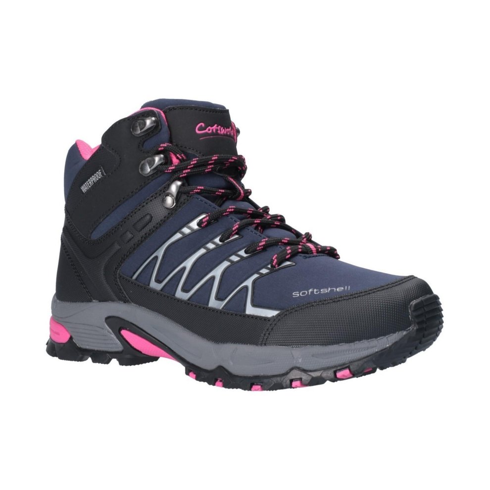 Navy and black mid hiking boot with fuchsia accents, featuring a softshell material, lace-up design, and rugged sole for enhanced traction.
