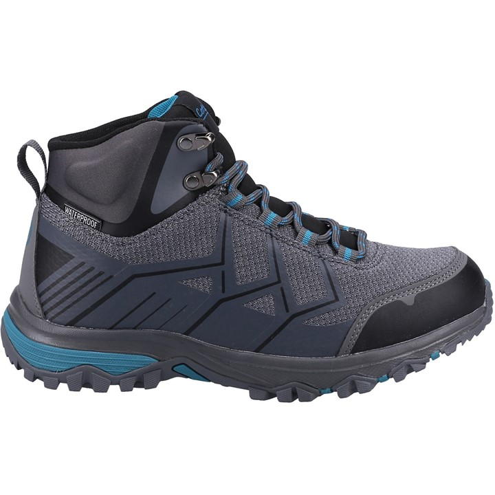 Grey and blue women's hiking boots featuring a waterproof design, mesh upper, sturdy sole, and metal eyelets for laces, ideal for outdoor adventures.