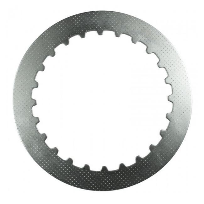 Silver steel clutch plate with a circular design, featuring a serrated edge and perforated surface, suitable for various Honda, KTM, and Husqvarna motorcycle models.
