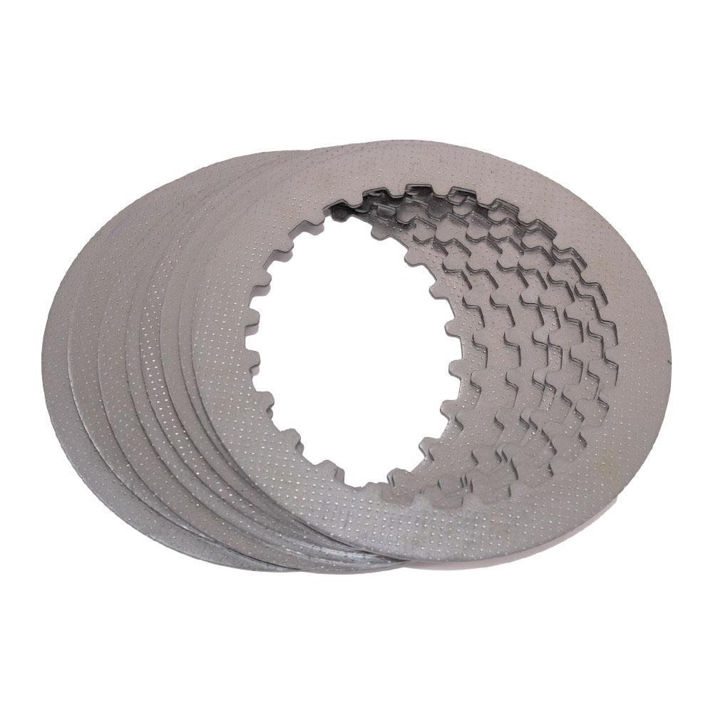 Set of silver steel clutch plates with a textured surface and circular shape, designed for Honda CRF250R and CRF250RX models from 2022 to 2024.