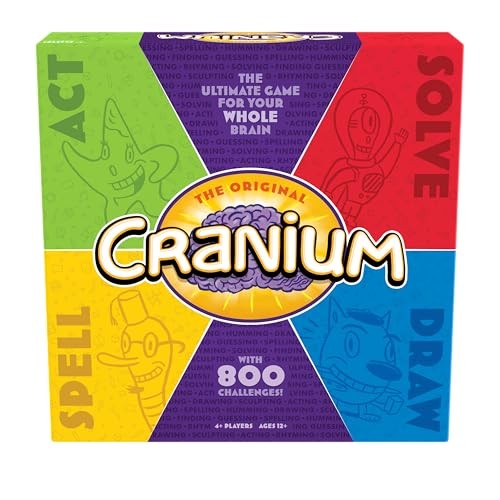 Colorful Cranium board game box featuring sections labeled "Act," "Solve," "Spell," and "Draw," with playful illustrations and the tagline "The Ultimate Game for Your Whole Brain."