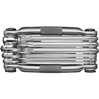 Compact nickel multi-tool with 10 fold-out functions, including hex wrenches and screwdrivers, by Crank Brothers.