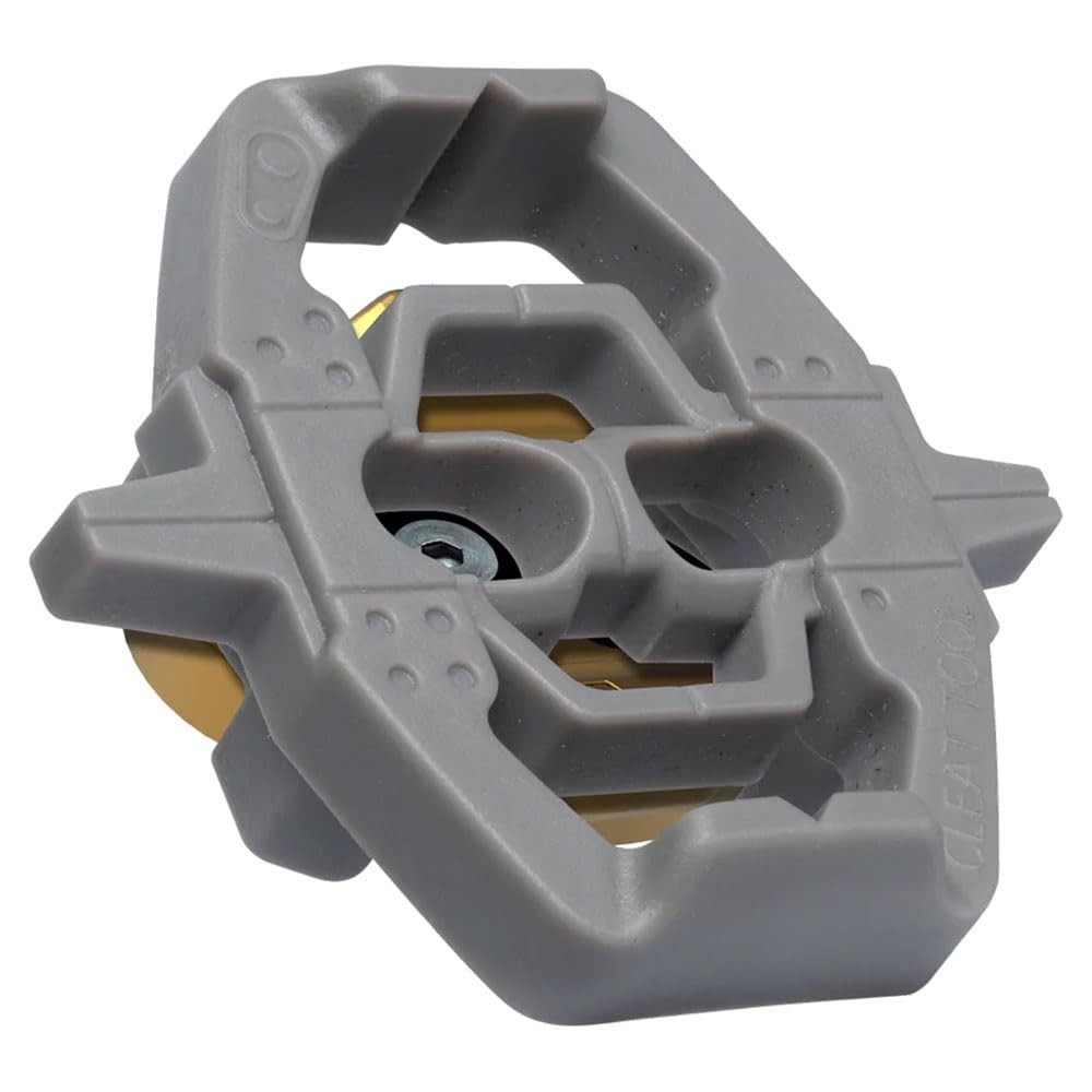 Gray plastic cleat fitting tool with a gold metallic adjustment screw, designed for precise cleat alignment and installation, featuring a sturdy, ergonomic shape.