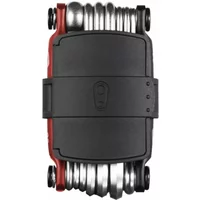 Compact Crankbrothers M20 multi-tool in matte red with black casing, featuring multiple silver tool attachments.