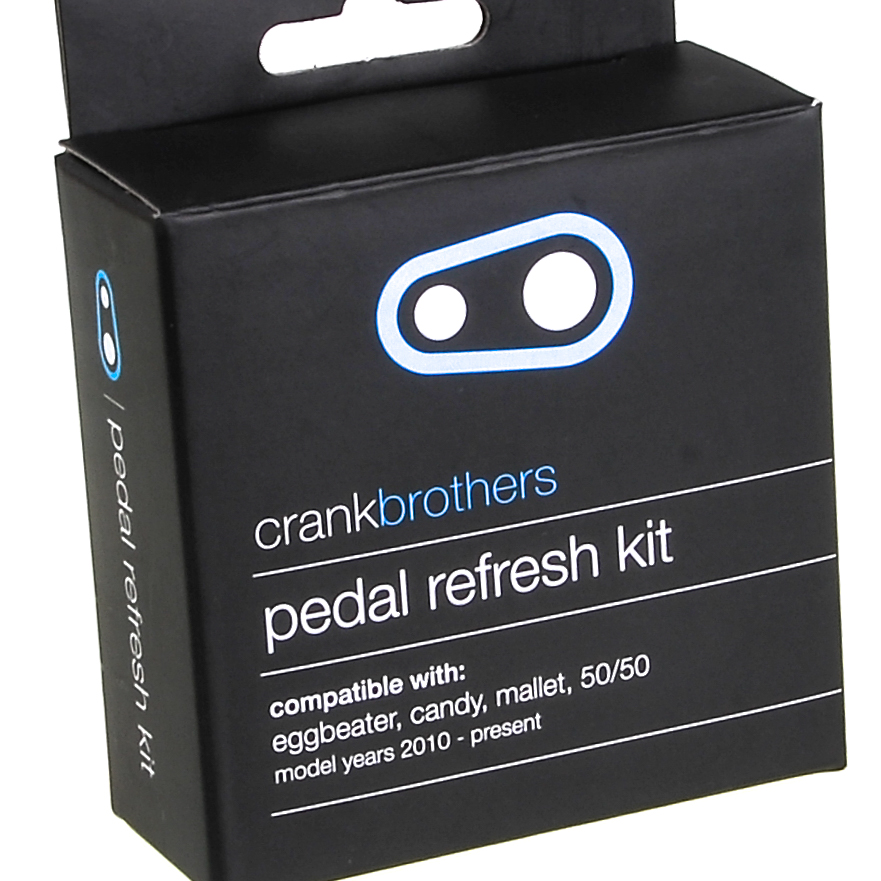 Black box packaging for Crankbrothers Pedal Refresh Kit, featuring a blue and white logo, with text detailing compatibility with various pedal models from 2010 onward.