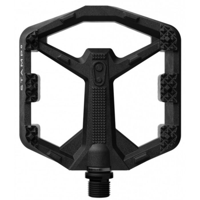 Black Crankbrothers Stamp 0 flat pedal in small size, featuring a textured surface, prominent grip pins, and a lightweight, durable design for enhanced performance.