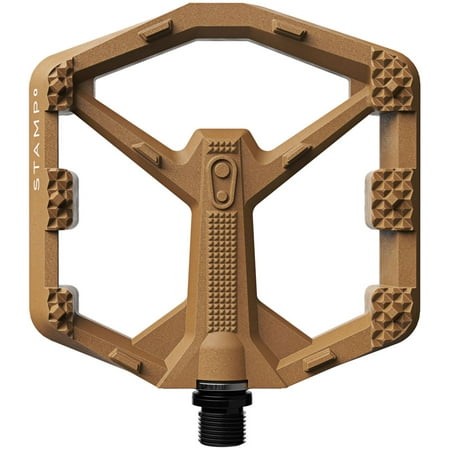 Brown Crankbrothers Stamp 0 flat pedal in large size, featuring a textured surface for grip, a hexagonal shape, and a durable material with a central axle for attachment.