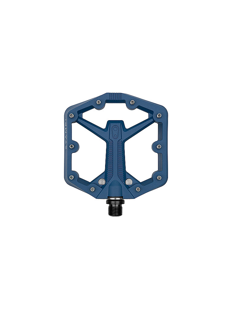 Large navy flat pedals featuring a hexagonal shape, textured surface for grip, and multiple pins for traction, made by Crankbrothers.