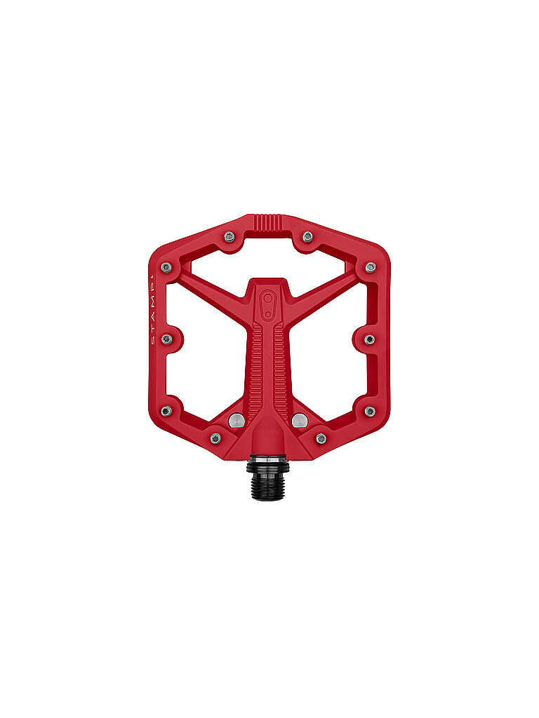 Red Crankbrothers Stamp 1 Gen 2 small platform pedal featuring a hexagonal shape, textured surface for grip, and a sturdy metal spindle.