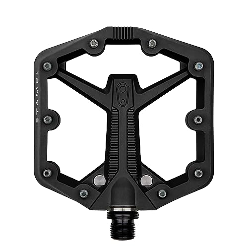 Black Crankbrothers Stamp 1 V2 flat pedal features a lightweight aluminum body, a hexagonal shape, textured grip surface, and replaceable pins for enhanced traction.