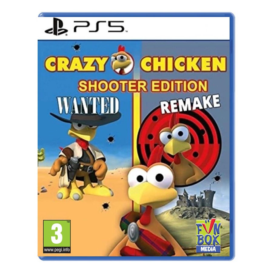 Cover art for "Crazy Chicken Shooter Edition" on PS5, featuring cartoon chickens in a western theme, with vibrant colors and a playful design, including the PEGI 3 rating.