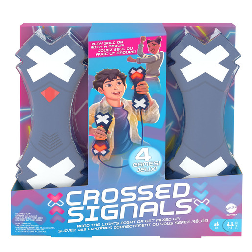 Crossed Signals Electronic Game by MATTEL GAMES features two gray controllers with red and blue lights, a colorful box, and instructions for solo or group play.