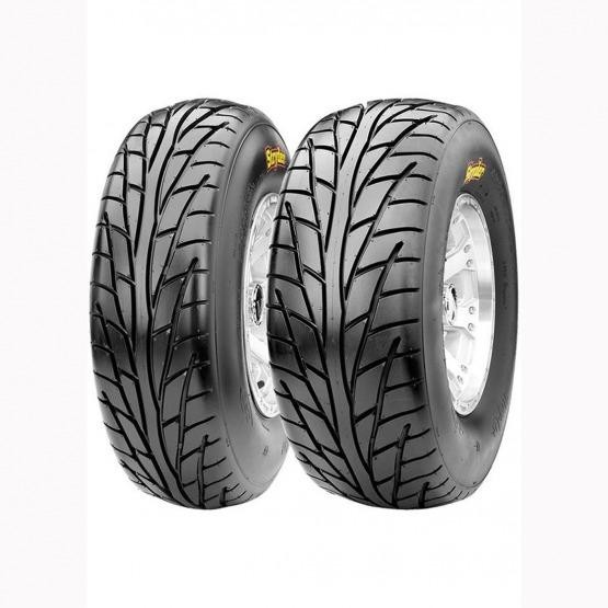 Black CST 6PR Stryder CS05 E-Mark TL tyre with a tread pattern designed for traction, measuring 26x9.00-12, featuring a shiny silver rim.
