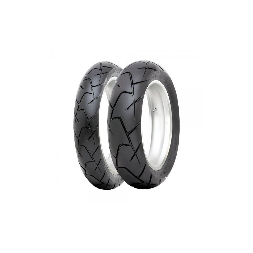 CST Ambro CM-A1 tyre set featuring a 120/70 R 19 front tyre and a 170/60 R 17 rear tyre, both with a black rubber surface and a distinctive tread pattern for enhanced grip.