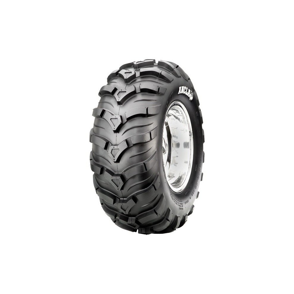 Black CST Ancla C9312 tubeless quad tyre with a rugged tread pattern, marked with "50J E 6PR" and "25/1000-12" on the sidewall, showcasing its durable rubber material.