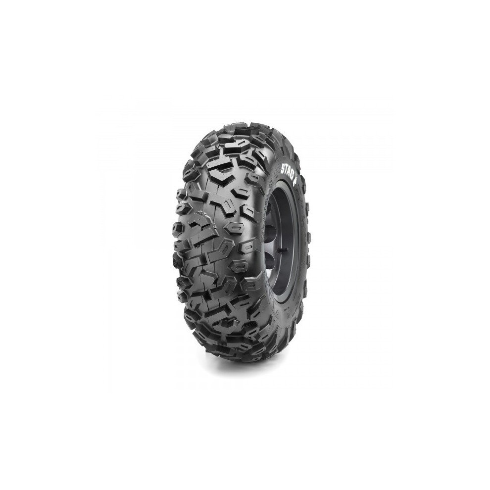CST CU58 Stag 8PR TL E 52M Quad Front Tyre features a rugged black rubber design with deep treads, measuring 26 x 9-12 inches, ideal for off-road performance.