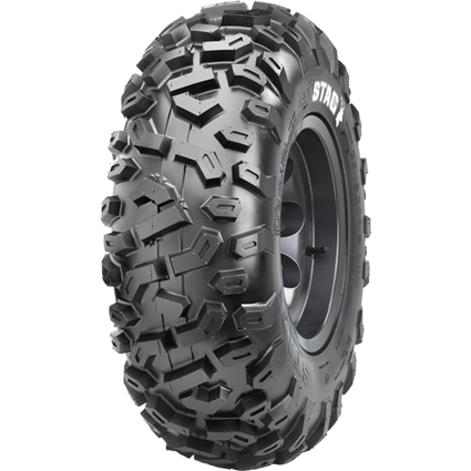 CST CU58 Stag 8PR TL E 55M Quad Tyre in black rubber, featuring an aggressive tread pattern for enhanced traction, sized 27x9-12, ideal for off-road use.