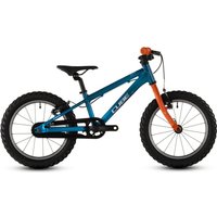 Blue and orange Cube Acid 160 ActionTeam 16" kids bike with thick black tires and a sturdy frame.